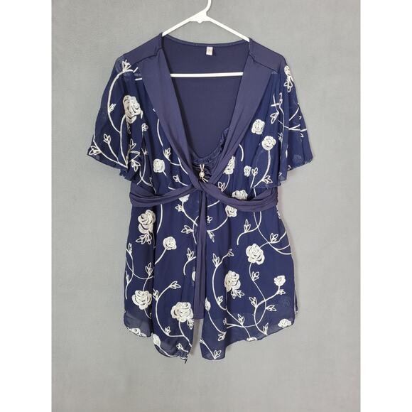 Rosegal Women Embroidery Rose Flower Chiffon Panel Twist 2 in 1 Blouse Top Large - Picture 1 of 10